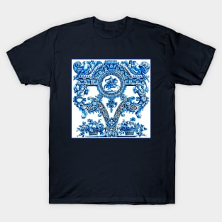 Dutch Blue Delft Parrots Cherubs Fruit Baskets and Horse and Rider Print T-Shirt